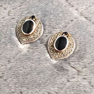 Vintage Sterling Silver, Black Onyx & Marcasite Pierced Earrings